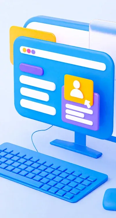 Illustration d'un ordinateur de bureau affichant une page web, avec clavier et souris